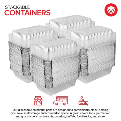 Miniatura 4 de Stock Your Home Sartenes pequeñas de aluminio de 2 libras con tapas (paquete de 100) con papel de aluminio y tapa de plástico transparente