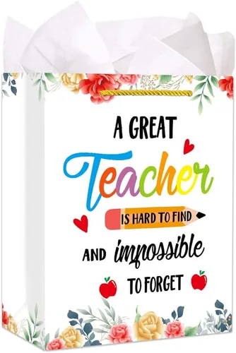 FaCraft Bolsas de regalo de agradecimiento para profesores con papel de seda, bolsa de regalo para profesores de flores de agradecimiento para