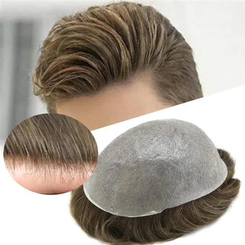 Miniatura 92 de Tupé para hombre, extensiones de cabello humano Remy para hombre, piel fina, 0.002 in, sistema de reemplazo de cabello con bucle en V para hombres