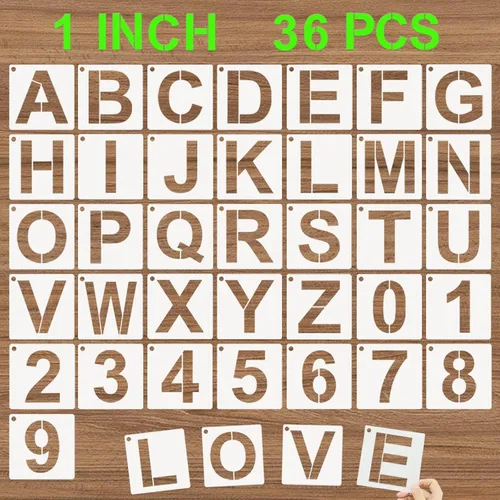 Plantillas de letras del alfabeto de 1 pulgada, 36 plantillas de números de letras de plástico reutilizables, plantillas de manualidades para pintar