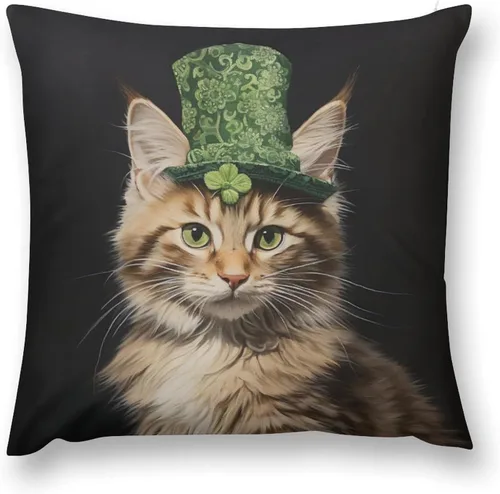 Miniatura 2 de Fundas de almohada de granja con diseño de feliz día de San Patricio con un gato en un sombrero de trébol, fundas de almohada de terciopelo