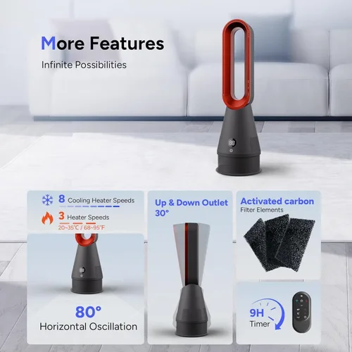 Miniatura 7 de Ventilador sin aspas Faryuan, ventilador de torre combinado de 25 pulgadas con calefacción, enfriamiento y filtro, oscilación de 80° con control