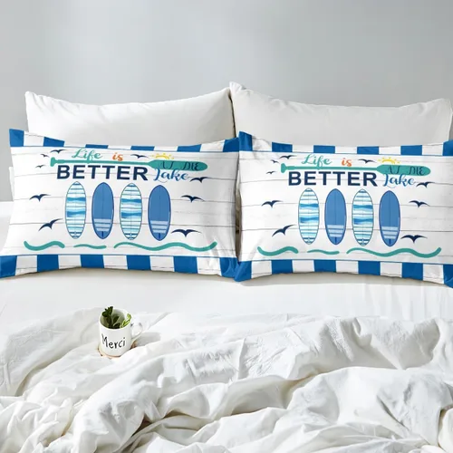 Miniatura 5 de Erosebridal Funda de edredón náutica para niños y niñas, juego de ropa de cama azul y blanco oceánico, funda de edredón de tabla de surf Hawaii