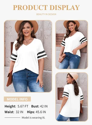 Miniatura 96 de Eytino Blusas de talla grande para mujer, cuello en V, manga corta, a rayas, casual, holgada, con bolsillo (1X-5X)