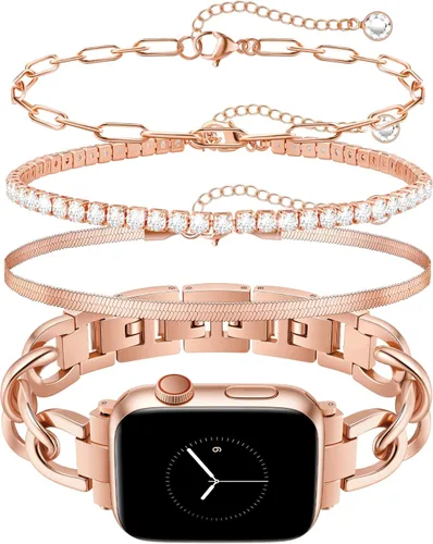 Miniatura 16 de JR.DM Correas de oro para reloj para mujer compatibles con Apple Watch de 46 mm, 42 mm (S3/2/1) 44 mm, 45 mm, 49 mm, pulsera ajustable de cadena Oro
