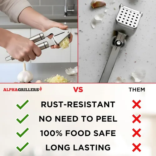 Miniatura 7 de Alpha Grillers Prensa de ajo de acero inoxidable, fácil de limpiar, a prueba de óxido, apta para lavavajillas, prensa de ajo de acero inoxidable