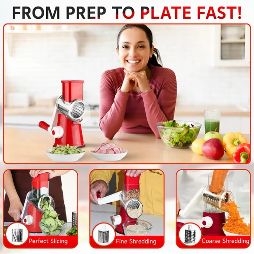 Miniatura 7 de Rallador de queso para triturar queso Rallador de queso con manivela de mano con 3 cuchillas intercambiables Rallador de alimentos para frutas