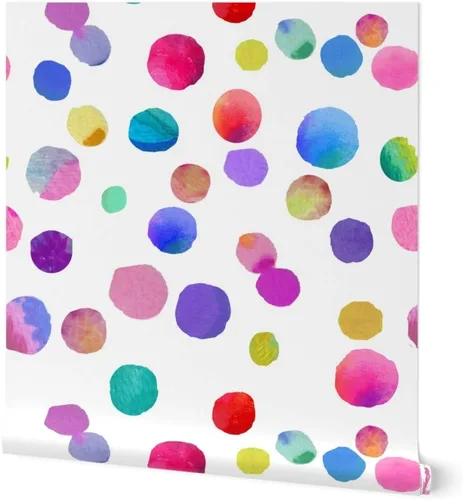 Spoonflower Muestras de papel tapiz extraíbles, pequeñas gotas de amor, lunares, acuarela, colores pastel, círculos de colores brillantes, para