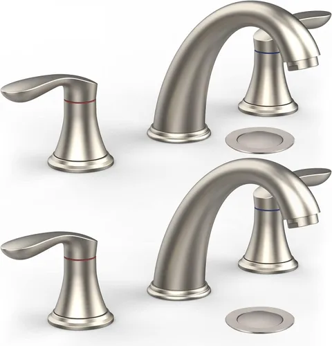 Miniatura 18 de Grifo de lavabo de baño, grifo para lavabo de baño, grifo de baño de níquel cepillado extendido de 3 orificios con desagüe emergente de acero