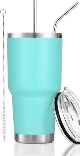 Miniatura 16 de D·S Vaso de 30 onzas con purpurina verde de Navidad con gradiente de acero inoxidable de doble pared aislada al vacío con popote y tapa, cepillo