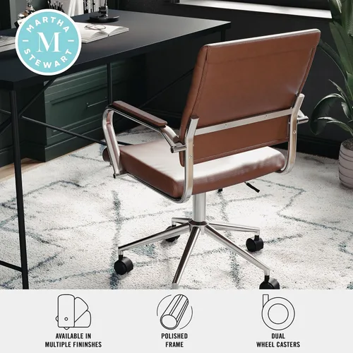 Miniatura 5 de Martha Stewart Piper - Silla giratoria con reposabrazos para oficina en casa en piel sintética marrón con marco de níquel pulido
