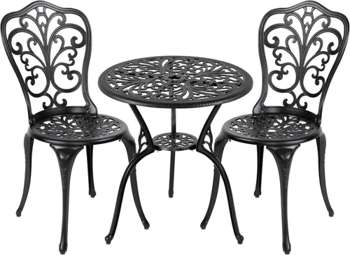 NUU GARDEN Bistro - Juego de 3 piezas para exteriores de aluminio fundido para todo tipo de clima, juego de mesa y sillas de patio con agujero para