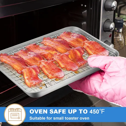 Miniatura 4 de P&P CHEF Molde para horno tostador de 12.5 + 9 pulgadas con juego de estante, bandeja de acero inoxidable para hornear y rejilla de enfriamiento