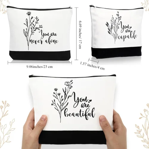 Miniatura 2 de Coume 10 Piezas Bolsas de Maquillaje de Lona de Flores Bohemias al Por Mayor, Bolsas de Cosméticos con Citas Inspiradoras Estéticas en Blanco