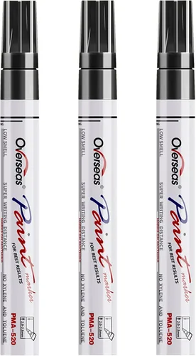 Overseas Rotuladores de Pintura Permanentes Bolígrafos - Paquete de 3 Rotuladores de Pintura Negros a Base de Aceite, Punta Media, Secado Rápido e