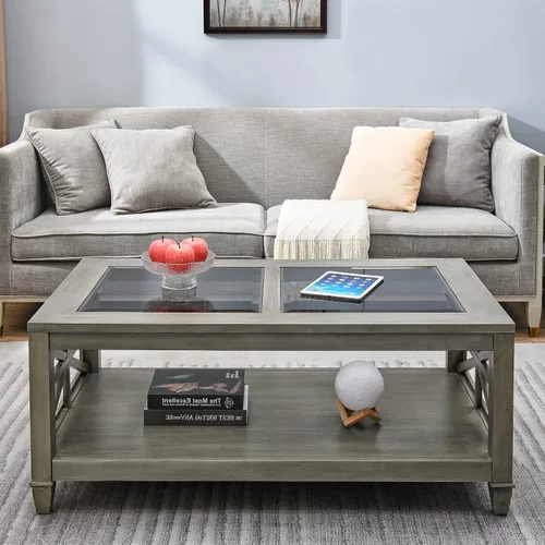 Miniatura 9 de LEEMTORIG KFZ-1318-AN - Mesa de centro de madera maciza de cristal con almacenamiento, mesa de centro de madera rústica para sala de estar