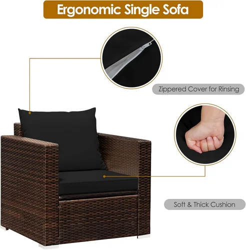 Miniatura 7 de COSTWAY Juego de muebles de patio de 3 piezas, sofá de mimbre para exteriores con cojines y mesa auxiliar con vidrio templado, juego moderno de Negro