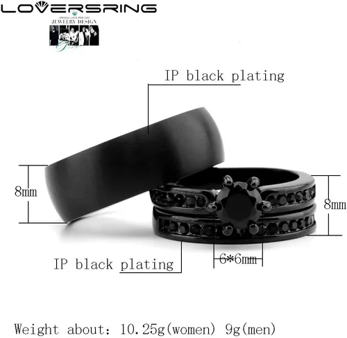 Miniatura 4 de LOVERSRING - Juego de anillos de boda para pareja, para ella y para él, anillo para mujer chapado en oro de color negro y de 18 quilates