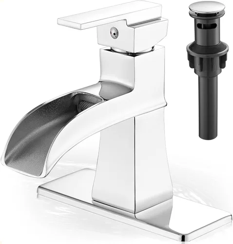 Grifo de baño con cascada cromado, grifos de baño de latón de 4 pulgadas con un agujero o 3 agujeros, llave única con drenaje de PP, placa de Cromo
