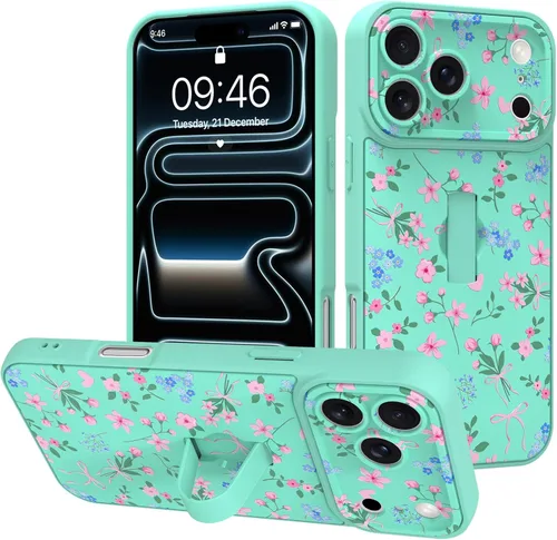 Miniatura 11 de Funda diseñada para iPhone 17 Pro Max con soporte plegable y correa para dedos, bonito patrón de lazo de corazón de flor rosa para mujeres y niñas