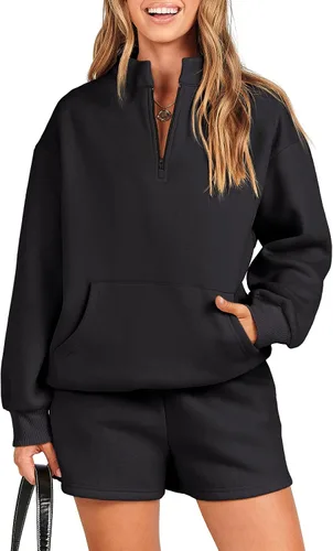 ANRABESS Conjunto deportivo de 2 piezas para mujer, sudadera de cuello con media cremallera y pantalón corto, conjunto de ropa de descanso