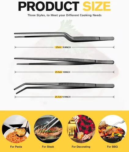 Miniatura 3 de Juego de pinzas de cocina finas, pinzas profesionales de acero inoxidable para alimentos, pinzas largas de chef negras de cocina para cocinar, Negro