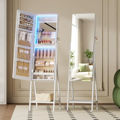 Miniatura 11 de LVSOMT Armario con espejo LED RGB para joyería, organizador de joyas de pie, espejo de cuerpo entero con almacenamiento de joyas, espejo de piso