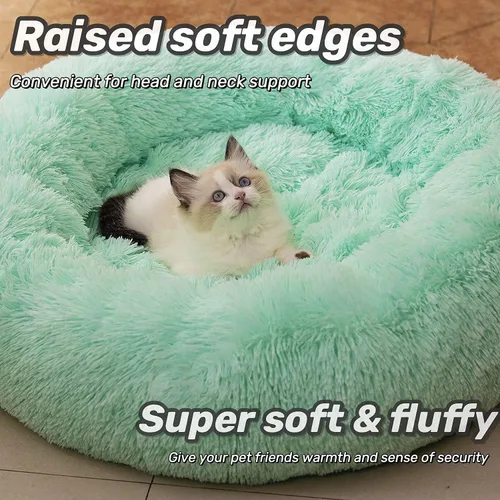 Miniatura 3 de Cama Redonda Anti-Ansiedad de Felpa Sintética Mullida Cálida y Lavable para Perros y Gatos, Cama Original para Mascotas Pequeñas, Medianas y Verde