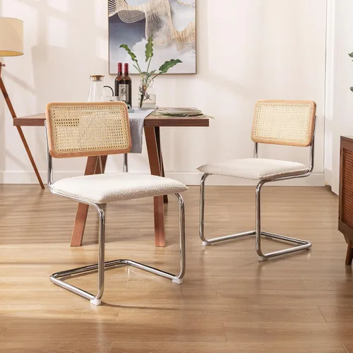 Miniatura 8 de ONEVOG Sillas de comedor de ratán con respaldo de caña y patas de metal, silla cómoda tapizada para patio, dormitorio, cocina, sala de estar, ocio