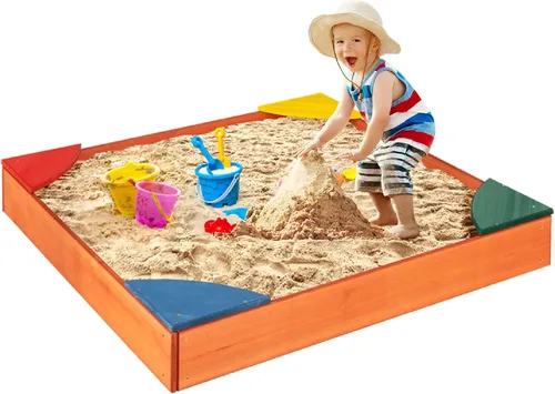 HONEY JOY Caja de arena de madera para niños, pozo de arena sin fondo para exteriores con 4 asientos esquineros integrados, cajas de arena de cedro