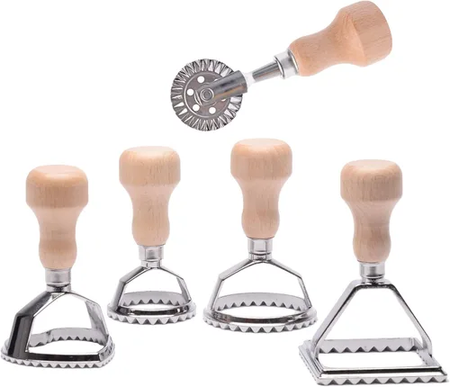 Cortador de sellos de ravioli con juego de ruedas de rodillo, molde con mango de madera y borde estriado, accesorio de cocina para prensa de pasta