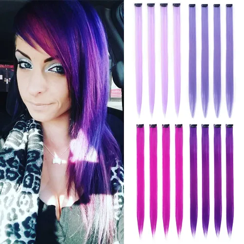 16 piezas de extensiones de cabello con clip de color púrpura, varios colores, para fiestas, clip en postizo sintético, para Halloween, cosplay,