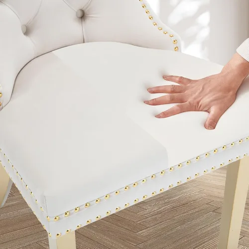 Miniatura 6 de Juego de 2 sillas de comedor de terciopelo Homedraft, colección Nikki para comedor con patas doradas de acero inoxidable y anillo de tirador