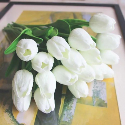 Miniatura 2 de Tulipanes falsos de PU de tacto real, flores artificiales, 10 piezas, arreglo floral, ramo para decoración de hogar, oficina, boda (blanco)