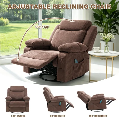 Miniatura 7 de Silla reclinable giratoria, sillas reclinables de masaje de tela con calor para adultos, sofá reclinable de gran tamaño, manual para cine en casa