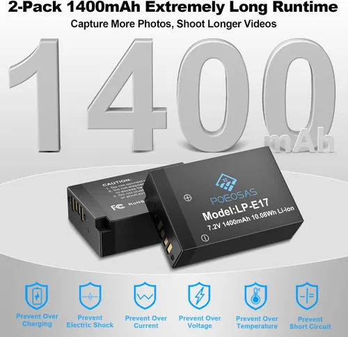 Miniatura 2 de Batería LP-E17 para R50, paquete de 2 unidades de 1400 mAh con USB-C 20 W Funda de carga rápida de doble canal para cámara EOS R100 R50 RP R10