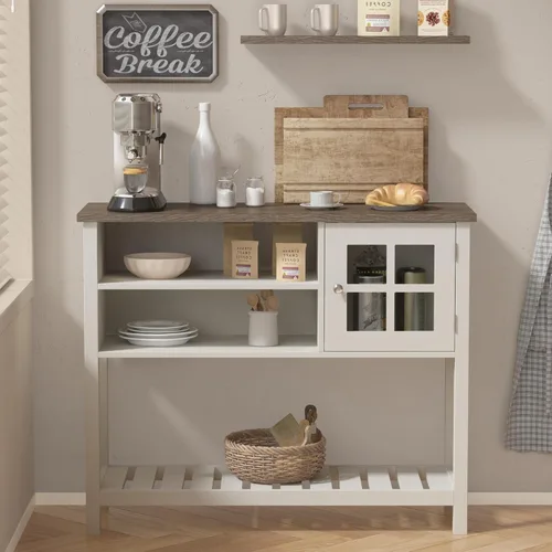 ChooChoo Gabinete de bar de café de granja, gabinete de buffet con almacenamiento, aparador buffet con puerta de cristal, mesa consola para cocina,
