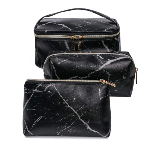 FITINI Paquete de 3 bolsas de maquillaje de mármol, bolsa de aseo portátil para cosméticos con pequeños soportes para cepillos, cremallera dorada,