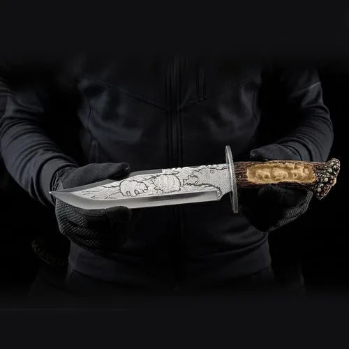 Miniatura 6 de SZCO Cuchillo de asta de oso con soporte de exhibición de 15.25 pulgadas, cuchillos decorativos marrones con mango de ciervo, hoja de acero