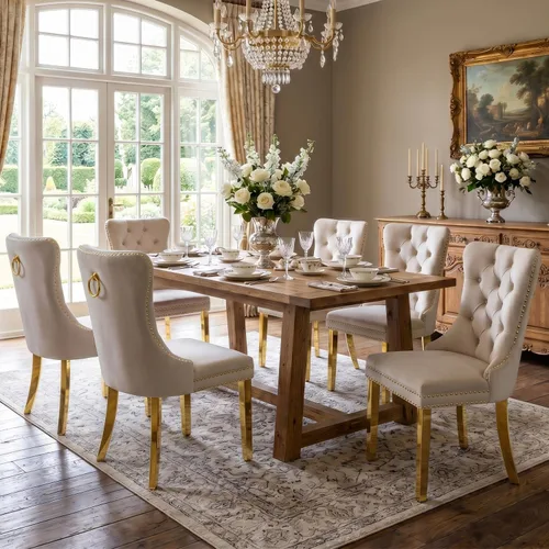 Miniatura 3 de Juego de 6 sillas de comedor de terciopelo SoarFlash, sillas de comedor acolchadas con botón con ribete de cabeza de clavo, pata chapada en oro