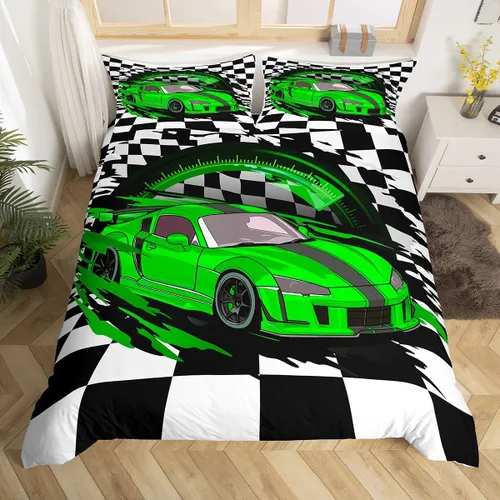 Erosebridal Juego de ropa de cama de coche deportivo verde para niños, tamaño individual, funda de edredón de autos de carreras para niños,