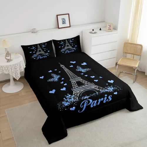 Miniatura 4 de Manfei Juego de edredón de la Torre Eiffel, tamaño individual, edredón de plumón con corazones de mariposa y flores azules con 1 funda de almohada