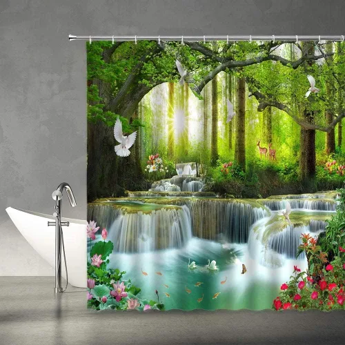 Miniatura 3 de Cortina de ducha con diseño de cascada, naturaleza, bosque, árbol, animales salvajes, ciervos, pájaros, flores, mariposa, amanecer, verano, paisaje