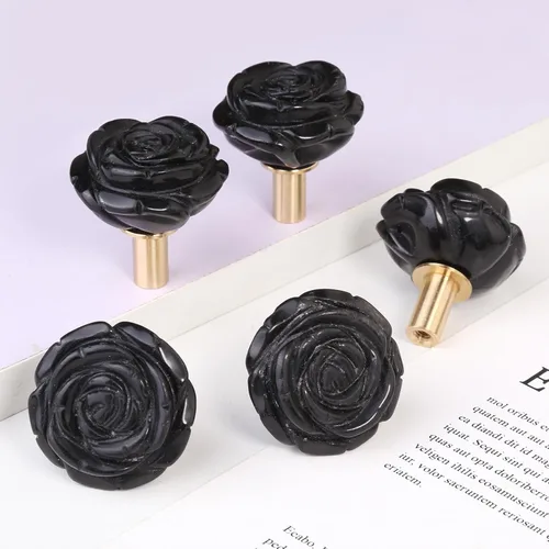 Miniatura 7 de Rockcloud Paquete de 4 pomos de cristal rosa para cajones, tiradores de armario, pomos de flores, herrajes para muebles, obsidiana negra