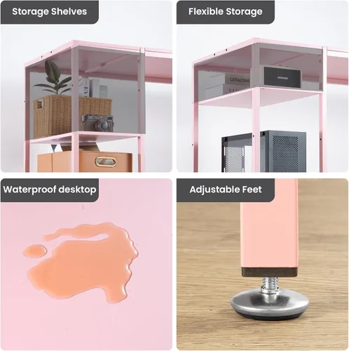 Miniatura 7 de MINOSYS Escritorio para computadora de 55 pulgadas con estante de almacenamiento - Rosa, ideal para dormitorios, espacios pequeños y oficinas