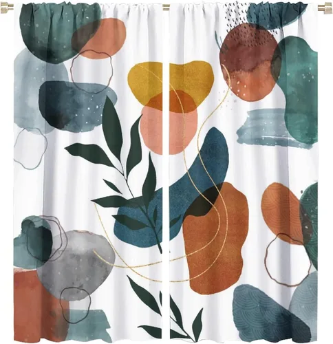 Miniatura 18 de Cortinas opacas de arte abstracto de mediados de siglo para dormitorio, cortinas modernas de estilo bohemio con hojas geométricas florales, cortinas
