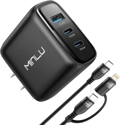 MINLU GaN - Bloque de cargador USB C de 65 W, cargador de pared compacto de 3 puertos tipo C con cable USB-C/L 2 en 1 de 6 pies, 100 W, carga rápida