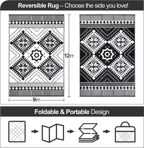 Miniatura 2 de Alfombra Impermeable para Exteriores 9x12 pies, Tapete de Paja de Plástico Reversible Boho para Patio RV Terraza Porche Patio Trasero Balcón Camping
