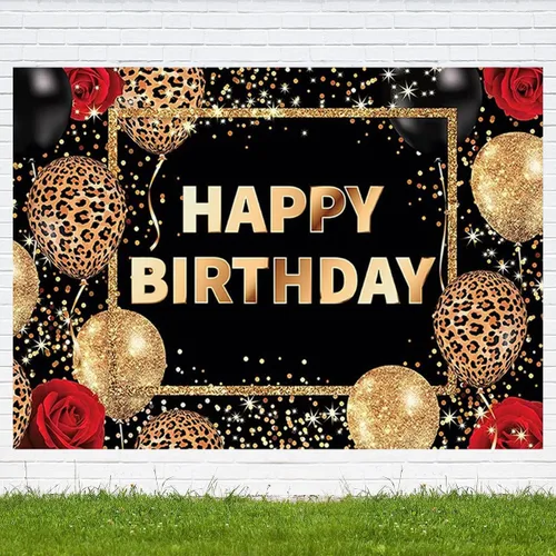 Miniatura 5 de Telón de fondo de feliz cumpleaños con estampado de leopardo negro y dorado, globos de guepardo, fondo de fotografía de rosa roja, para mujeres