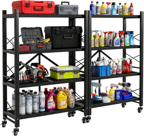 Miniatura 11 de Grezone Estantes plegables de 3 niveles de almacenamiento de metal resistente con ruedas – No se ensambla unidad de estantería plegable para cocina